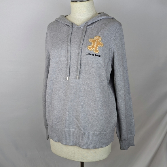Life Is Good Sweater Hooded Knit Embroidered Gingerbread Man Grey M NWT - Picture 9 of 12